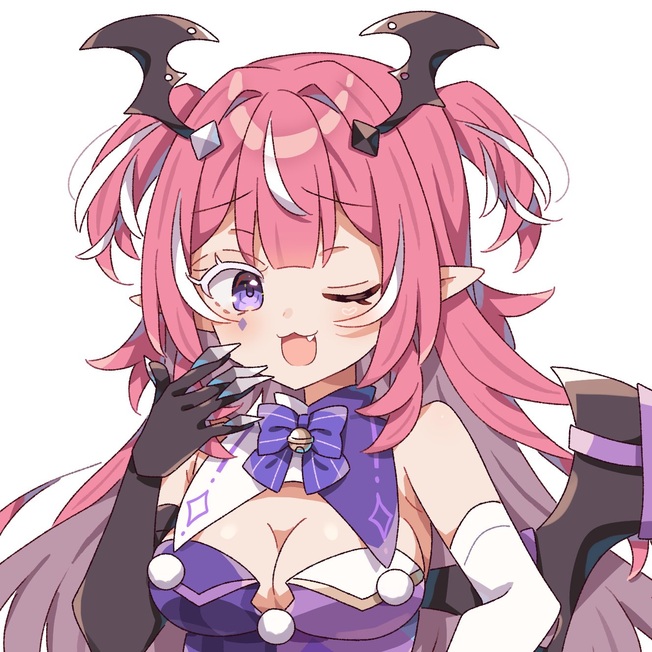 :3, :3d, bangs, bat wings, bell, black gloves, blush, bow, bowtie, breasts, camila (vtuber), cleavage, cleavage cutout, demon, demon girl, demon wings, dress, elbow gloves, female, gloves, hair ornament, head wings, indie virtual youtuber, long hair, looking at viewer, marking below eyes, medium breasts, multicolored hair, oerba yun fang, one eye closed, open mouth, pink hair, pointy ears, purple eyes, simple background, smile, solo, streaked hair, succubus, two side up, upper body, virtual youtuber, white background, white hair, wings
