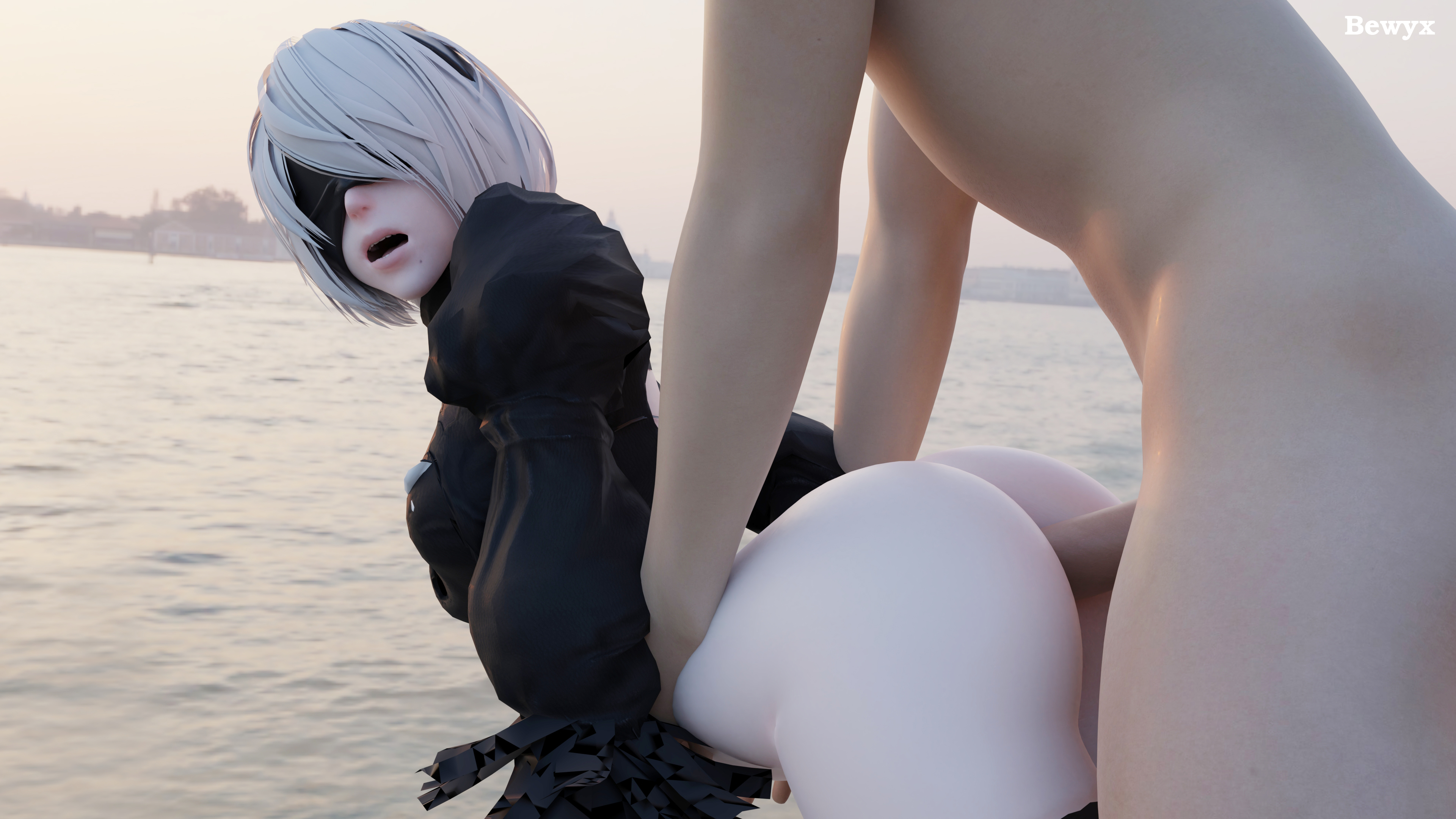 1boy, 1girls, 3d, 3d (artwork), anal, bewyx, blindfold, female, male, nier (series), nier: automata, platinum games, square enix, white hair, yorha 2b