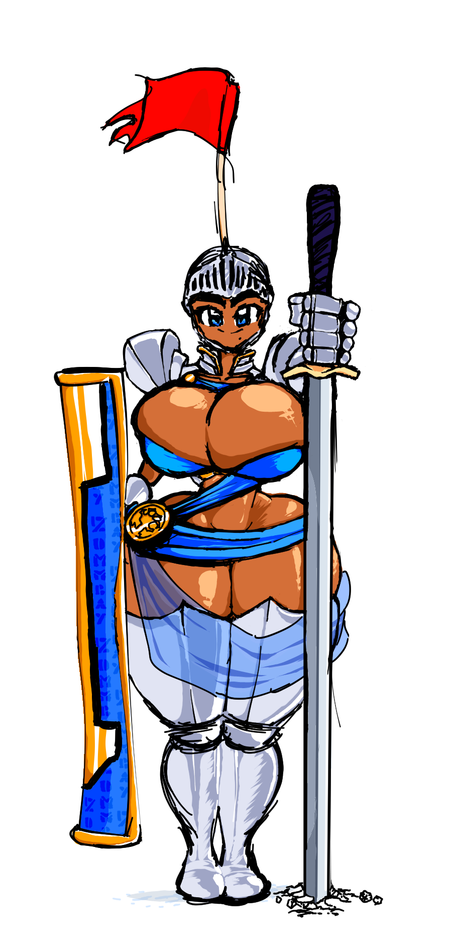 armor big_breasts busty curvy cute dark_skin guard hourglass_figure huge_ass huge_breasts knight knight_girl paladin royal_guard shield shiny_skin sword tagme tan_body voluptuous zommbay