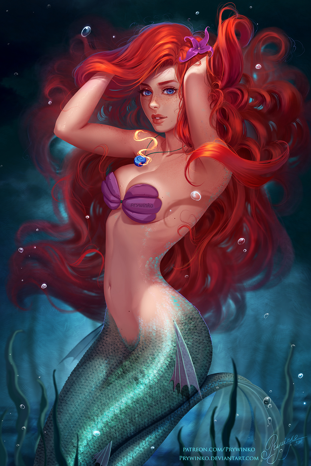 1girls, ariel, breasts, cleavage, disney, female, female only, looking at viewer, merfolk, mermaid, prywinko, red hair, solo, the little mermaid