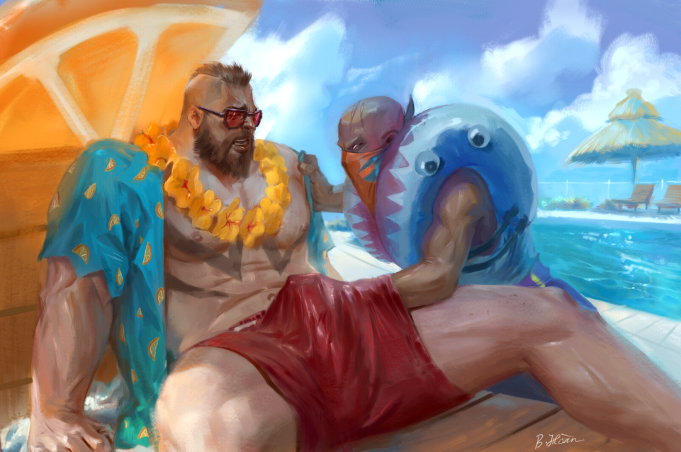 2boys azalien bara bich_hoan bichhoan clothed clothed_sex clothing dark-skinned_male facial_hair gangplank gay handjob league_of_legends male male/male male_only painting_(artwork) pool_party pool_party_gangplank pool_party_series public pyke yaoi