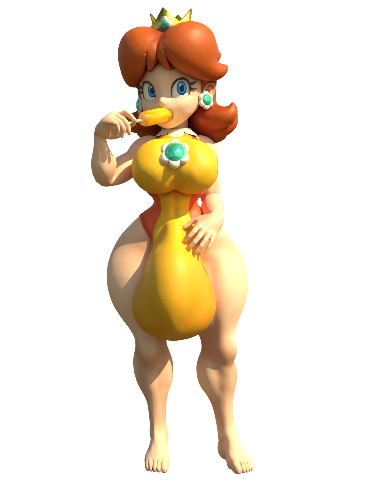 1futa 3d 3d_(artwork) bare_shoulders barefoot big_ass big_breasts big_thighs blender blue_eyes breasts brooch bulge bulge_through_clothing crown curvy earrings flower_earrings futa_only futanari ginger_hair huge_balls huge_bulge huge_cock hyper_bulge leotard light-skinned_futanari light_skin lips looking_at_viewer mario_(series) mario_and_sonic_at_the_olympic_games nail_polish nintendo no_bra no_underwear orange_nail_polish orange_nails penis popsicle popsicle_in_mouth princess_daisy shoulder_length_hair sideass sob4art solo sucking_popsicle swimsuit teasing thick thick_hips thick_thighs thighs white_background wide_hips yellow_leotard