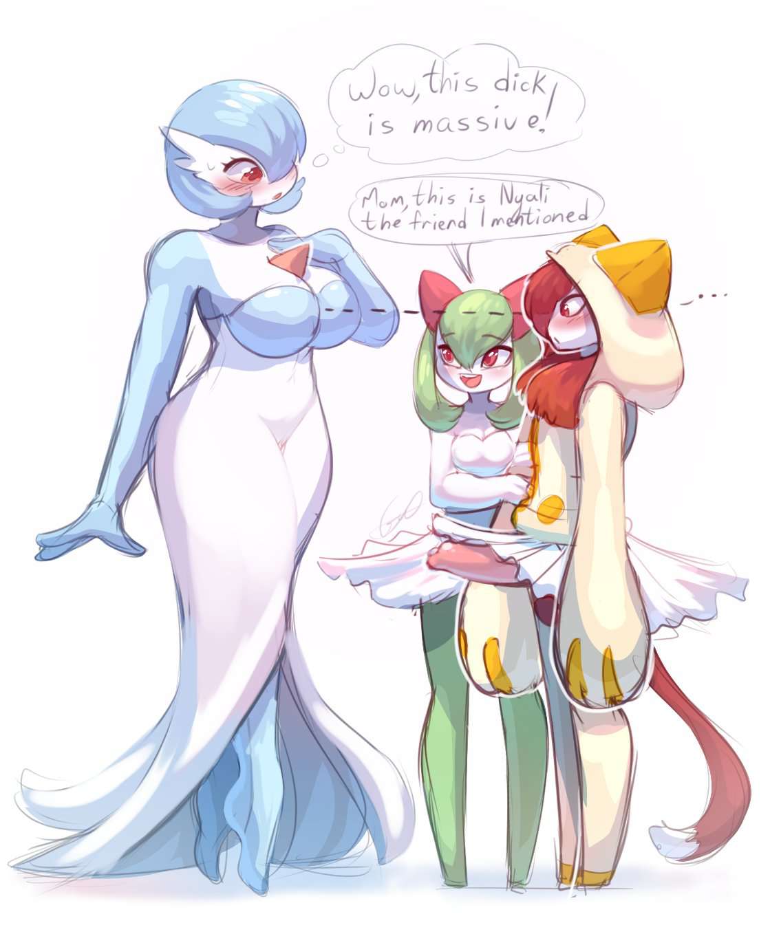 age_difference anthro big_breasts big_penis blazblue blush blushing_profusely boyfriend/girlfriend breast_awe breasts cat_tail clothed clothing daughter_(lore) dipstick_tail dress erection female gardevoir generation_3_pokemon genitals group hair hi_res holding_arm introduction kaka_clan kaka_hoodie kaka_kirlia kirlia looking_at_breasts looking_at_genitalia looking_at_penis male male/female male_kirlia markings mature_female mother_(lore) mother_and_child_(lore) mother_and_daughter_(lore) nintendo open_mouth parent_(lore) parent_and_child_(lore) parent_and_daughter_(lore) peachmayflower penis penis_awe penis_under_skirt pokemon pokemon_(species) pokemon_rse red_eyes red_hair red_tail shiny_pokemon size_talk speech_bubble staring_at_chest tail tail_markings taokaka_(cosplay) text thick_thighs thought_bubble trio uncensored white_tail_tip wide_sleeves