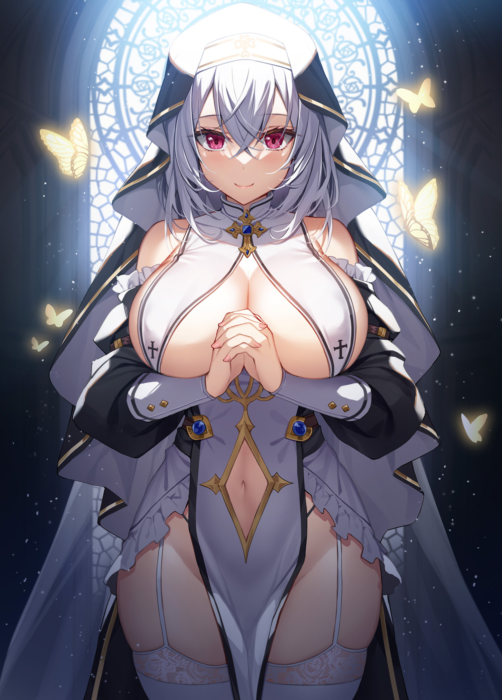 big_breasts blush breast_curtains breasts cleavage female female_only garter_straps highres huge_breasts large_breasts looking_at_viewer navel navel_cutout nun oc original original_character red_eyes revealing_clothes smile solo thighhighs white_hair xe_(execut3r)