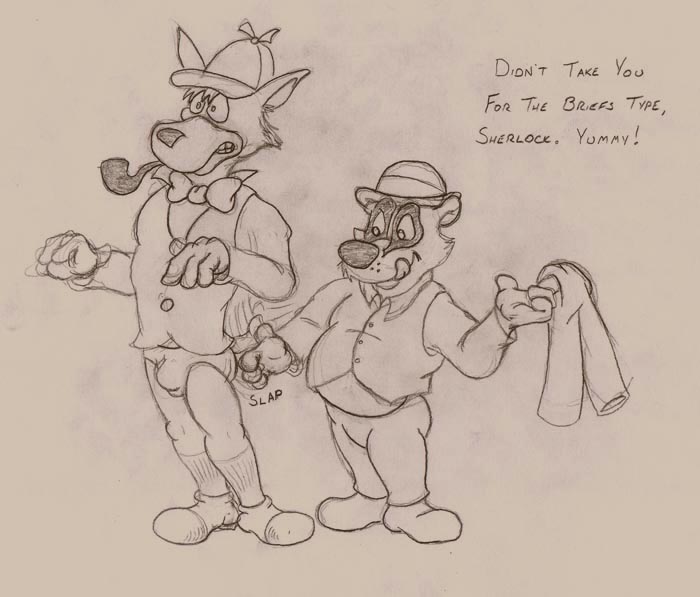 anthro assisted_exposure badger bottomwear briefs bruce_(brucebadger) brucebadger butt_slap canid canine canis clothed clothing dialogue domestic_dog dress_shirt duo english_text footwear forced forced_exposure forced_undressing fully_clothed hat headgear headwear holding_bottomwear holding_clothing holding_object holding_pants licking licking_lips literature male male/male mammal mustelid musteline open_mouth pants pantsing pantsless_male public_domain sherlock_holmes shirt shocked shoes slap socks sound_effects stolen_clothes teeth_showing text tobacco_pipe tongue tongue_out topwear underwear undressing vest