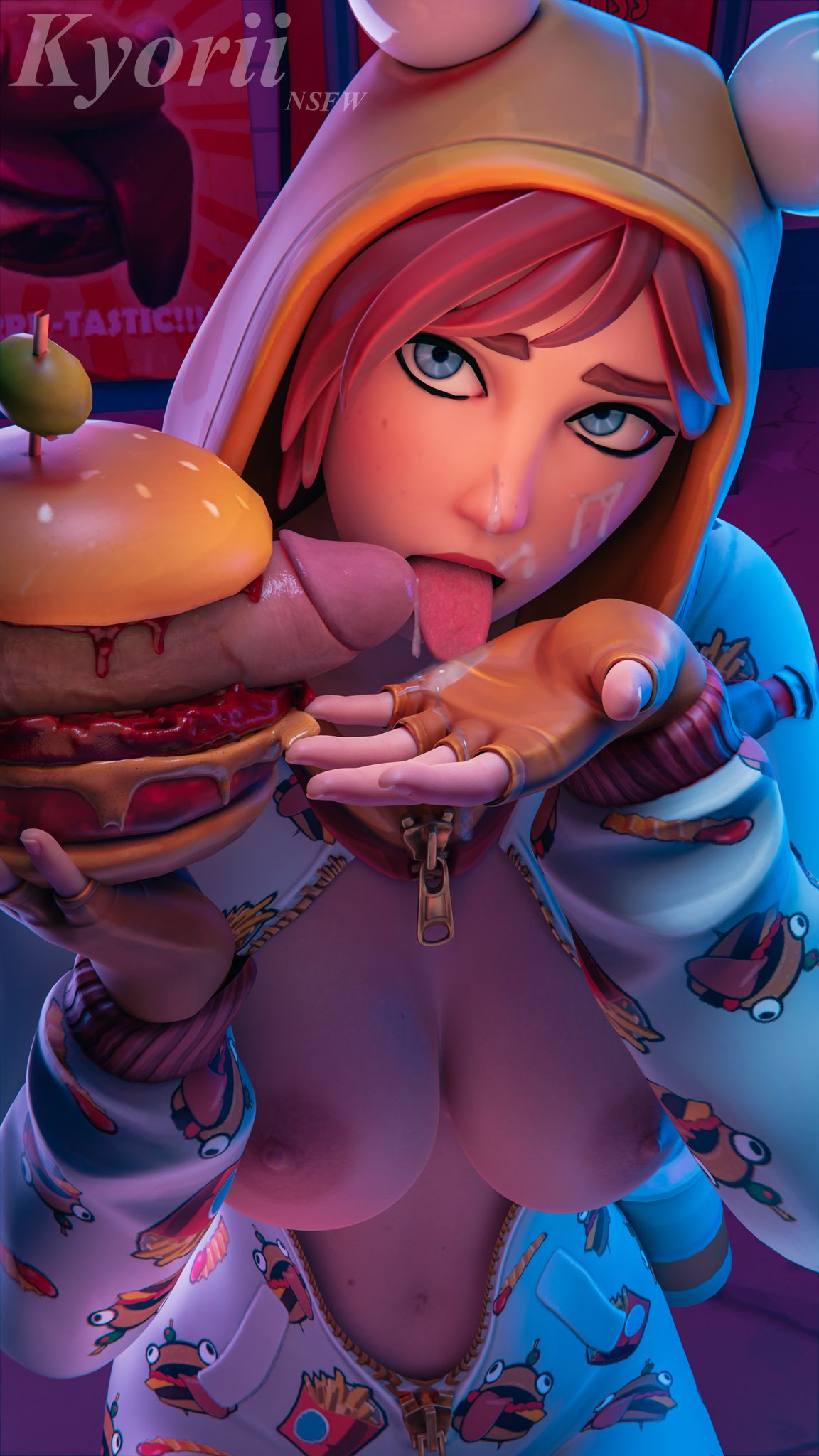 bed bedroom breasts breasts_out burger burger_fucking cum cum_drip cum_dripping cum_dripping_from_penis cum_on_face cum_on_hand cumdrip cumshot fingerless_gloves food_penetration fortnite fortnite:_battle_royale ky0rii looking_at_viewer onesie onesie_(fortnite) onesie_open open_onesie partially_clothed partially_clothed_female penis penis_in_burger
