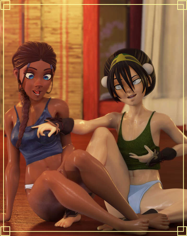 2girls 3d avatar_legends avatar_the_last_airbender barefoot black_hair blind blue_eyes braided_ponytail brown_hair chocolate_and_vanilla crisisbeat dark-skinned_female duo duo_focus earth_kingdom female female_focus female_only flat_chest full_body groping_through_clothes hair_ornament katara medium_breasts nipple_pinch nipple_tweak no_bra pale-skinned_female panties pose posing sitting surprised tank_top tied_hair toph_bei_fong water_tribe yuri