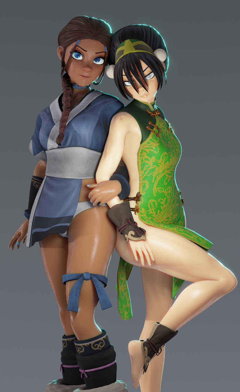 2girls 3d anklewear avatar_legends avatar_the_last_airbender braided_ponytail china_dress chocolate_and_vanilla clothing crisisbeat dark-skinned_female dark_skin duo duo_focus earth_kingdom female female_focus female_only hair_ornament human katara pale-skinned_female pale_skin pose posing tied_hair toph_bei_fong water_tribe wristwear