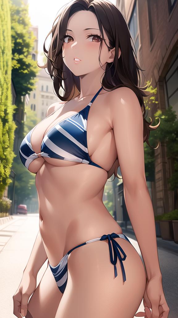 1girls ai_generated ai_mirror alley alleyway belly_button bikini blue_bikini blush brown_eyes brown_hair buildings bushes long_hair looking_angry looking_at_viewer side_view small_breasts standing striped_bikini trees white_skin