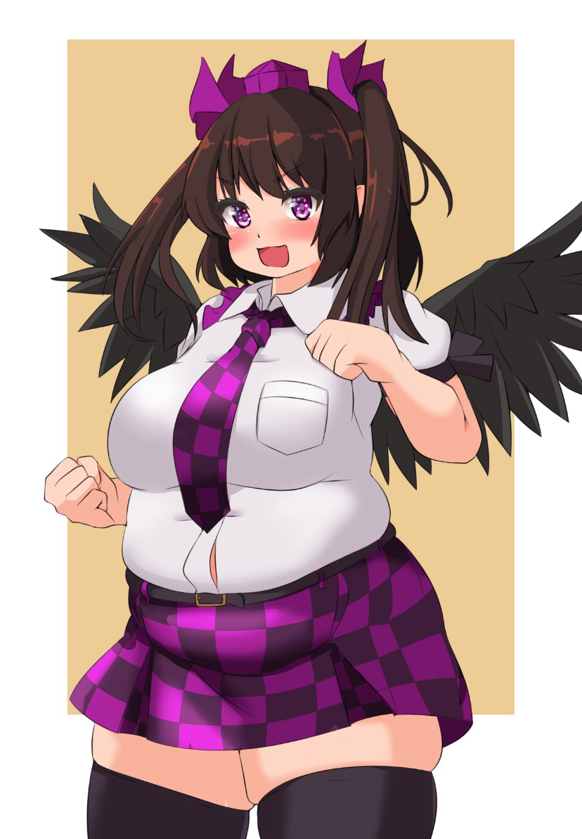 belly_overhang big_belly big_female blush brown_hair chubby chubby_female embarrassed fat fat_female fat_fetish fat_girl fat_woman fatty female hatate_himekaidou large_female nerizou obese obese_female overweight overweight_female plump pork_chop tengubbw thick_thighs touhou tubby weight_gain