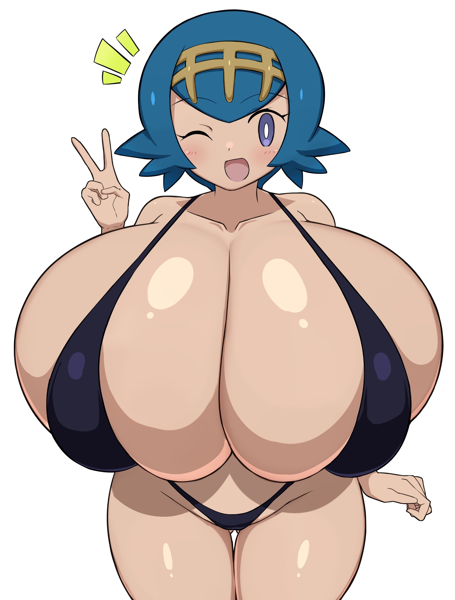 1girls, alternate breast size, bikini, blue eyes, blue hair, blush, breasts, female, female only, gigantic breasts, hairband, hyper, hyper breasts, jaga334, lana (pokemon), open mouth, pokemon, short hair, simple background, skindentation, solo, top heavy, white background, wink