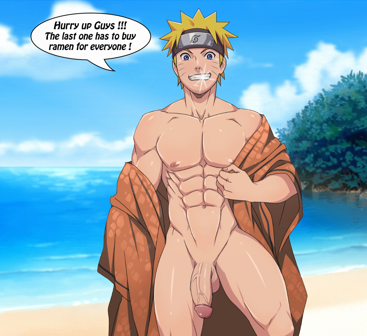 1boy, abs, beach, big penis, blonde hair, blue eyes, boruto: naruto next generations, clothing, dialogue, forehead protector, male, male only, muscles, muscular, muscular male, naked, naruto, naruto (series), naruto: the last, nude, outdoors, pecs, penis, revealing clothes, solo, solo focus, teeth, text, uncensored, undressing, uzumaki naruto, veiny penis, whisker markings, yukata