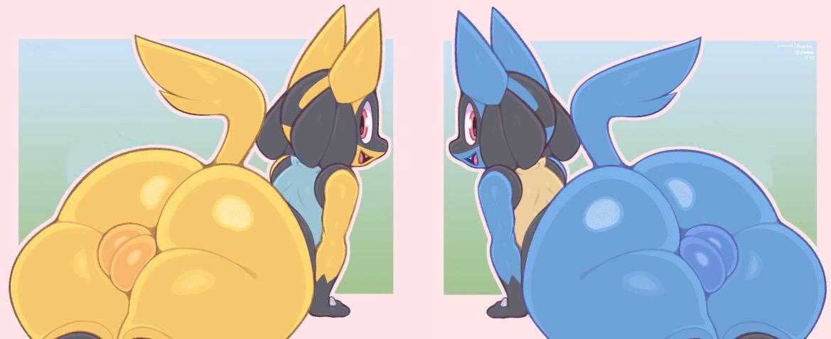 2anthro, 2femboys, anthro, ass, balls, ballsack, big ass, blue body, blue fur, collage, color edit, edit, edited, femboy, frumples, furry, furry only, game freak, gay, gay anal, girly, homosexual, homosexual male, huge ass, looking at viewer, looking back, lucario, lying on stomach, male, male focus, male only, male penetrated, male/male, nintendo, pokemon, pokemon (species), red eyes, shiny lucario, shiny pokemon, smiling at viewer, tail, take your pick, third-party edit, yellow body, yellow fur