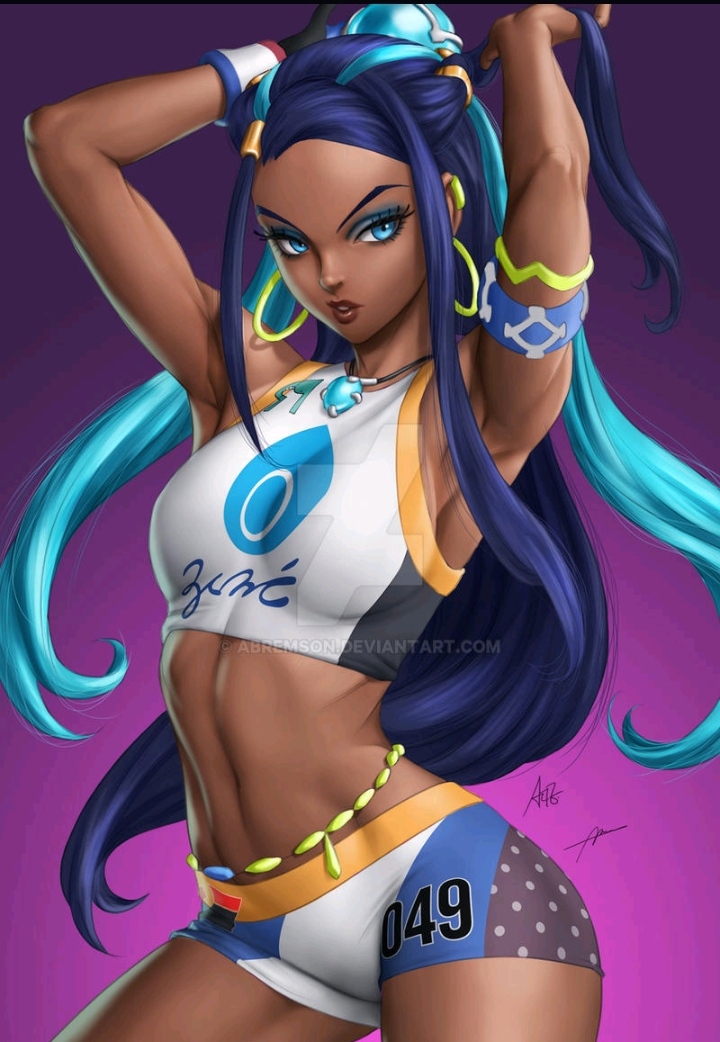 1girls 2023 abremson adjusting_hair arms_up artgerm artist_signature athletic athletic_female blue_eyes blue_hair collar crop_top dark-skinned_female dark_skin deviantart_link earrings female gym_leader hoop_earrings makeup midriff nessa_(pokemon) nintendo pokemon pokemon_ss shaved_armpit short_shorts shorts solo topwear two_tone_body waist_beads