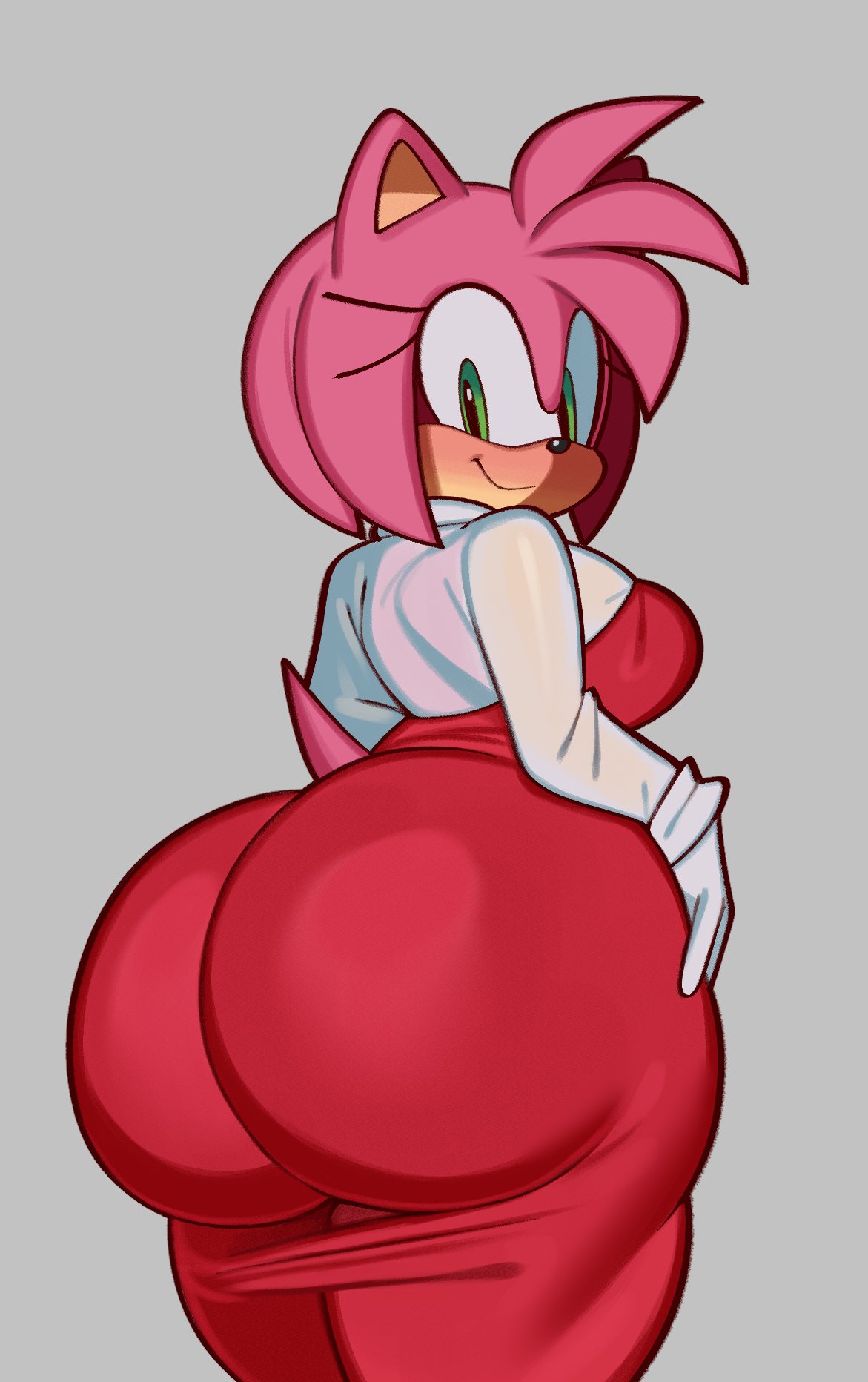 1girls amy_rose ass ass_bigger_than_head ass_in_dress big_ass big_butt blush breasts bubble_ass bubble_butt curvy cute_expression dat_ass dress dumptruck_ass dumptruck_butt eyelashes fat_ass female female_only fiinel gigantic_ass green_eyes grey_background hedgehog huge_ass huge_butt large_ass looking_at_ass looking_at_butt looking_at_own_ass looking_at_own_butt looking_back massive_ass pink_hair pink_tail red_clothing red_dress sega shirt smile smiling solo sonic_(series) tail white_shirt wide_hips