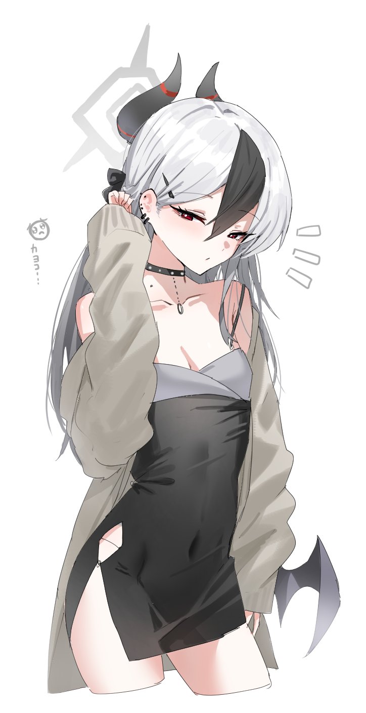 1girls, black and white hair, blue archive, breasts, female, female focus, female only, flat chest, halo, hip windows, horn/wood, horns, kayoko (blue archive), light skin, light-skinned female, long hair, looking at viewer, red eyes, slim, slim waist, small breasts, squinted eyes, tagme, tight clothes, tight clothing, tight dress, tight fit