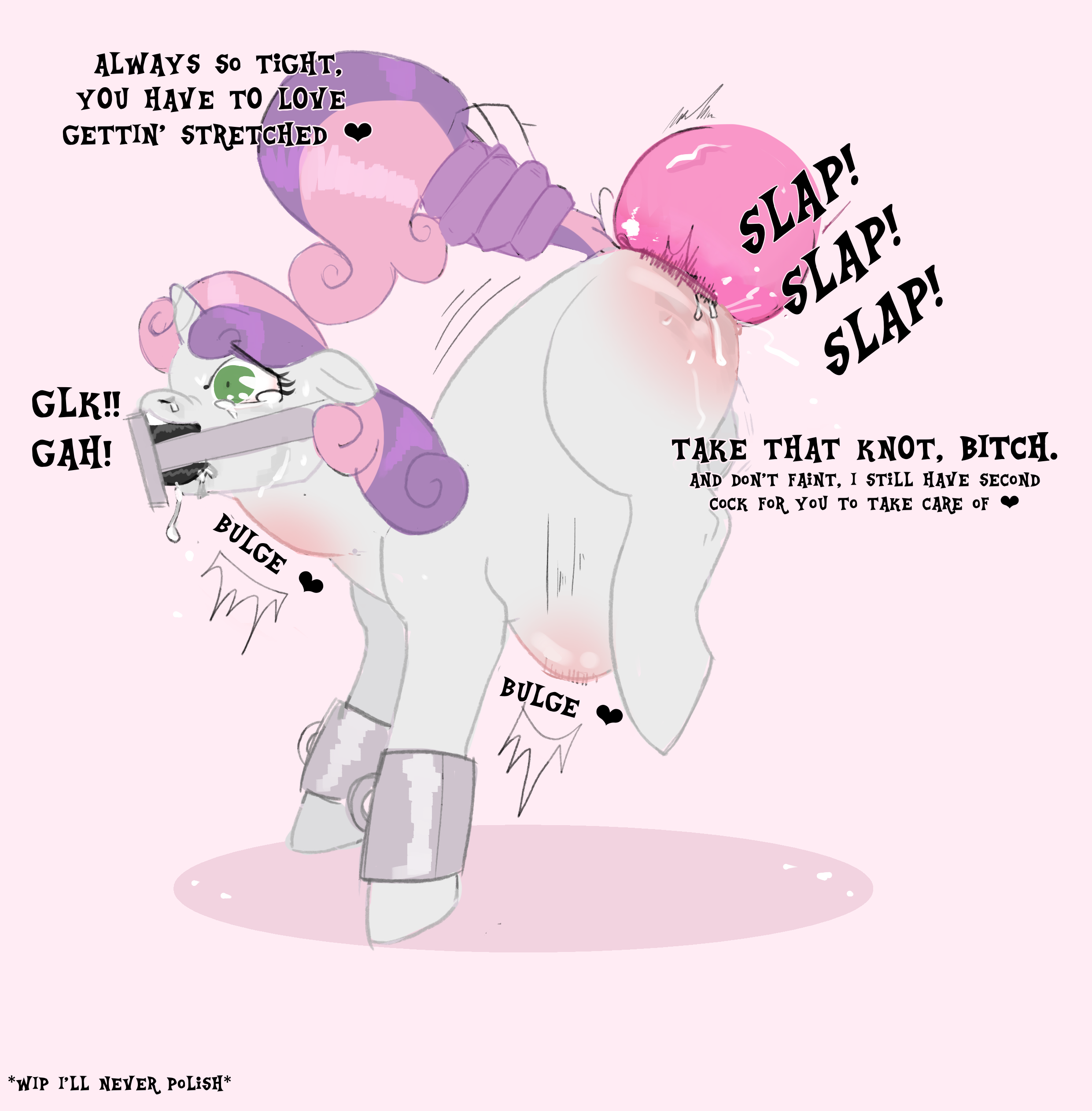1boy, belly bulge, big penis, crying, english text, female, feral, forced, friendship is magic, huge cock, knot, llkki, male, male/female, mammal, my little pony, penis, pussy, rape, reptile, size difference, spike (mlp), sweetie belle (mlp), text, throat bulge, vaginal penetration, young