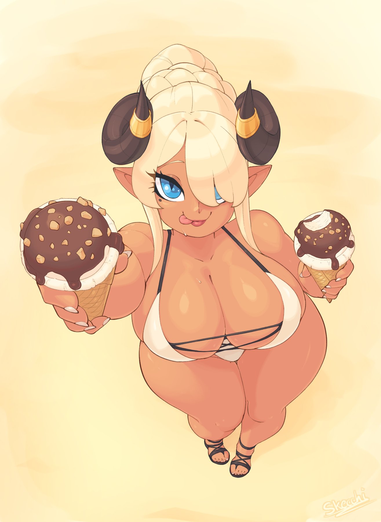 1girls :p big_breasts bikini blonde_hair blue_eyes female female_only hair_over_one_eye hi_res horn_ring horns ice_cream ice_cream_cone kait_(skecchiart) looking_at_viewer mole mole_under_eye offering_food offering_to_viewer pointy_ears skecchiart smiling smiling_at_viewer solo thick_thighs tied_hair viewed_from_above