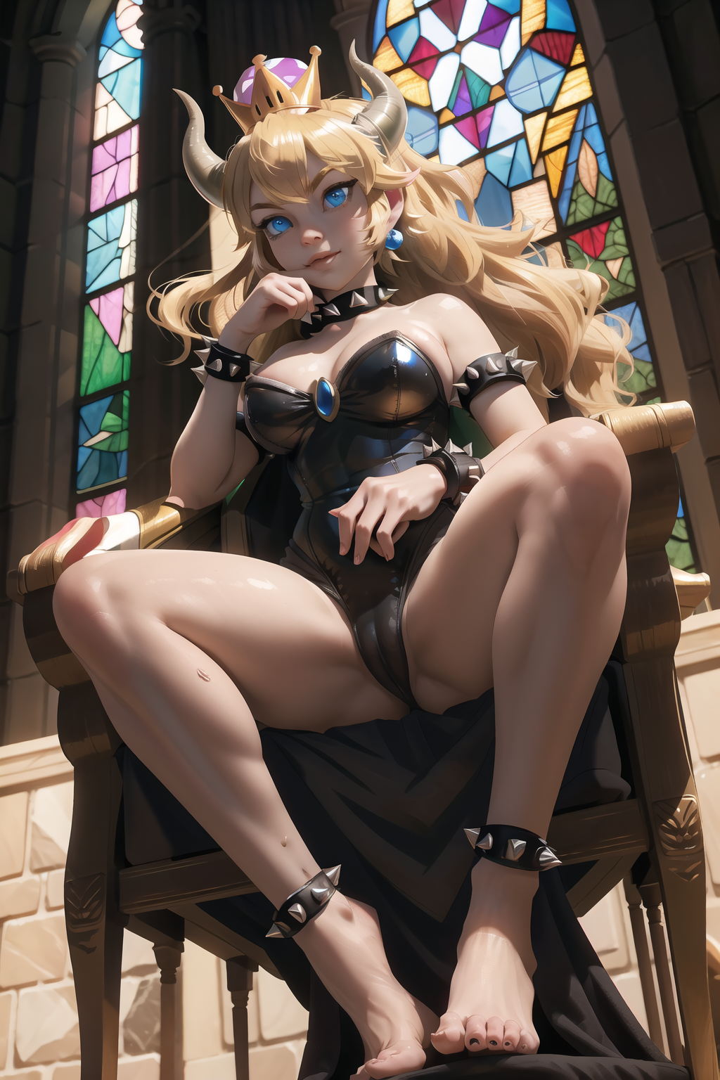 ai_generated black_leotard bookoflustfan bowsette goth goth_girl leotard mario_(series) new_super_mario_bros._u_deluxe pussy_visible_through_clothes pussy_visible_through_leotard spiked_bracelet spiked_collar