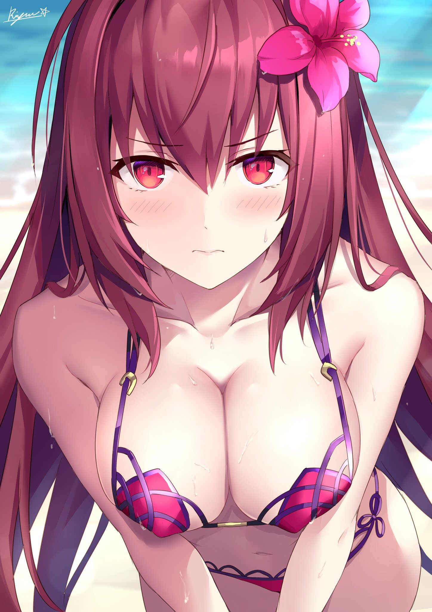 1girls, beach, blush, breasts, fate (series), fate/grand order, female, female only, flower, looking at viewer, purple hair, red eyes, rin7914 (artist), scathach (fate), scathach (swimsuit assassin), shiny skin, solo, swimsuit, tagme