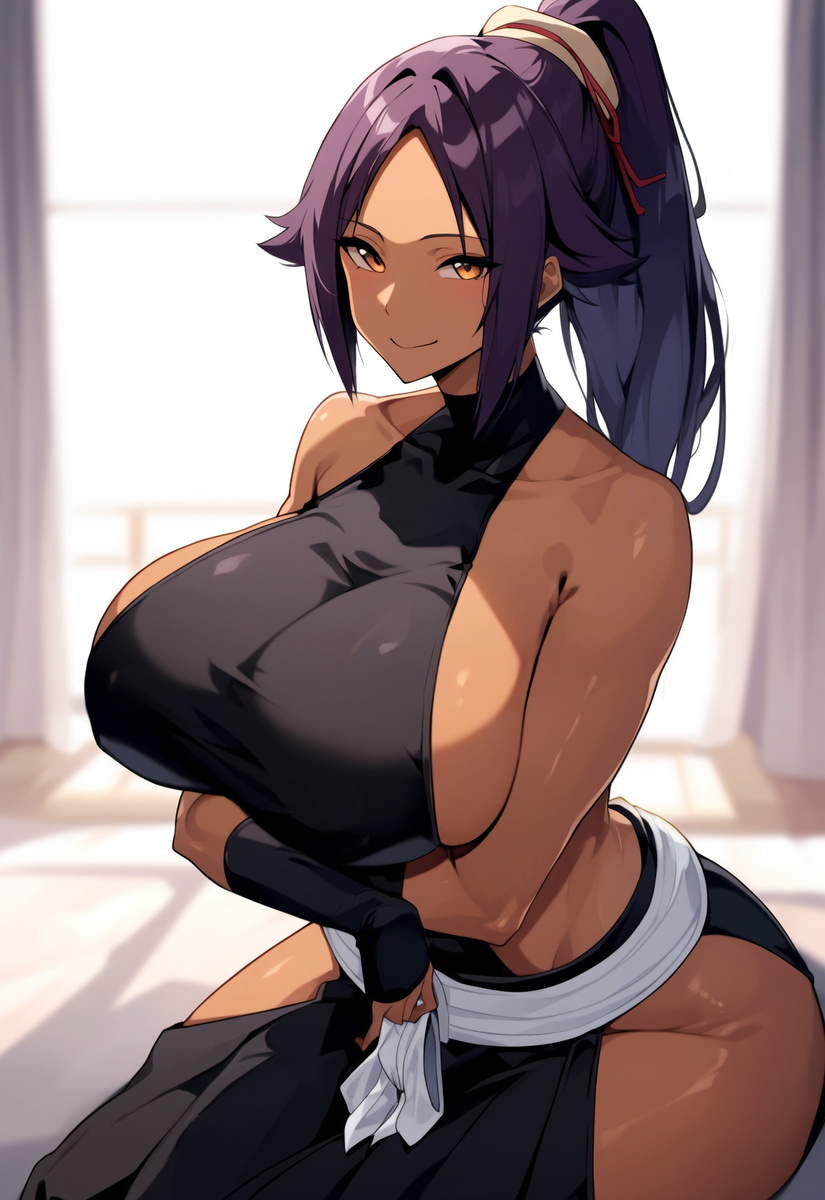 ai_due ai_generated bleach breasts_bigger_than_head curvaceous curvy_female dark-skinned_female dark_skin gigantic_breasts huge_breasts japanese_clothes ponytail purple_hair shihouin_yoruichi shounen_jump sideboob yellow_eyes