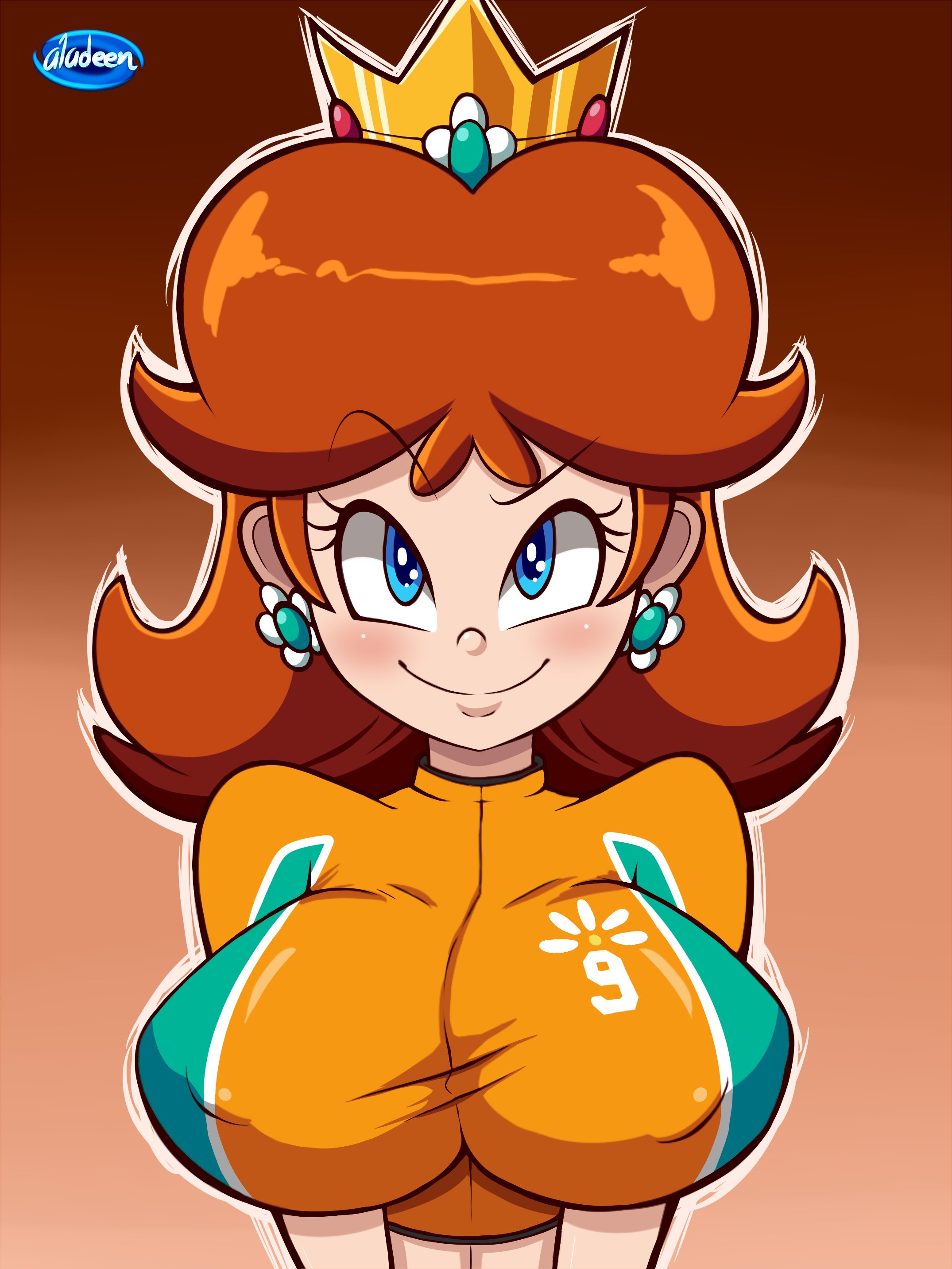 1girls, aladeen, big breasts, blue eyes, breasts, clothing, crop top, crown, earring, eyebrows visible through hair, female, female only, flower earrings, front view, ginger hair, gradient background, light skin, light-skinned female, lips, looking at viewer, mario (series), mario strikers, midriff, nintendo, nipple bulge, outline, princess daisy, short sleeves, shoulder length hair, soccer uniform, solo, upper body, white outline