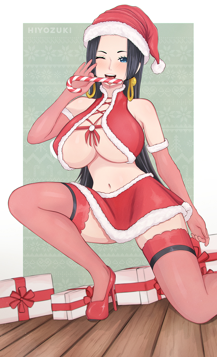 1girls bare_shoulders big_breasts black_hair blue_eyes blush boa_hancock christmas christmas_hat christmas_outfit cleavage clothed clothing color female female_focus female_only hi_res hiyozuki large_breasts light-skinned_female light_skin long_hair looking_at_viewer one_piece open_clothes shounen_jump solo solo_female stockings tagme thick_thighs tongue tongue_out underboob