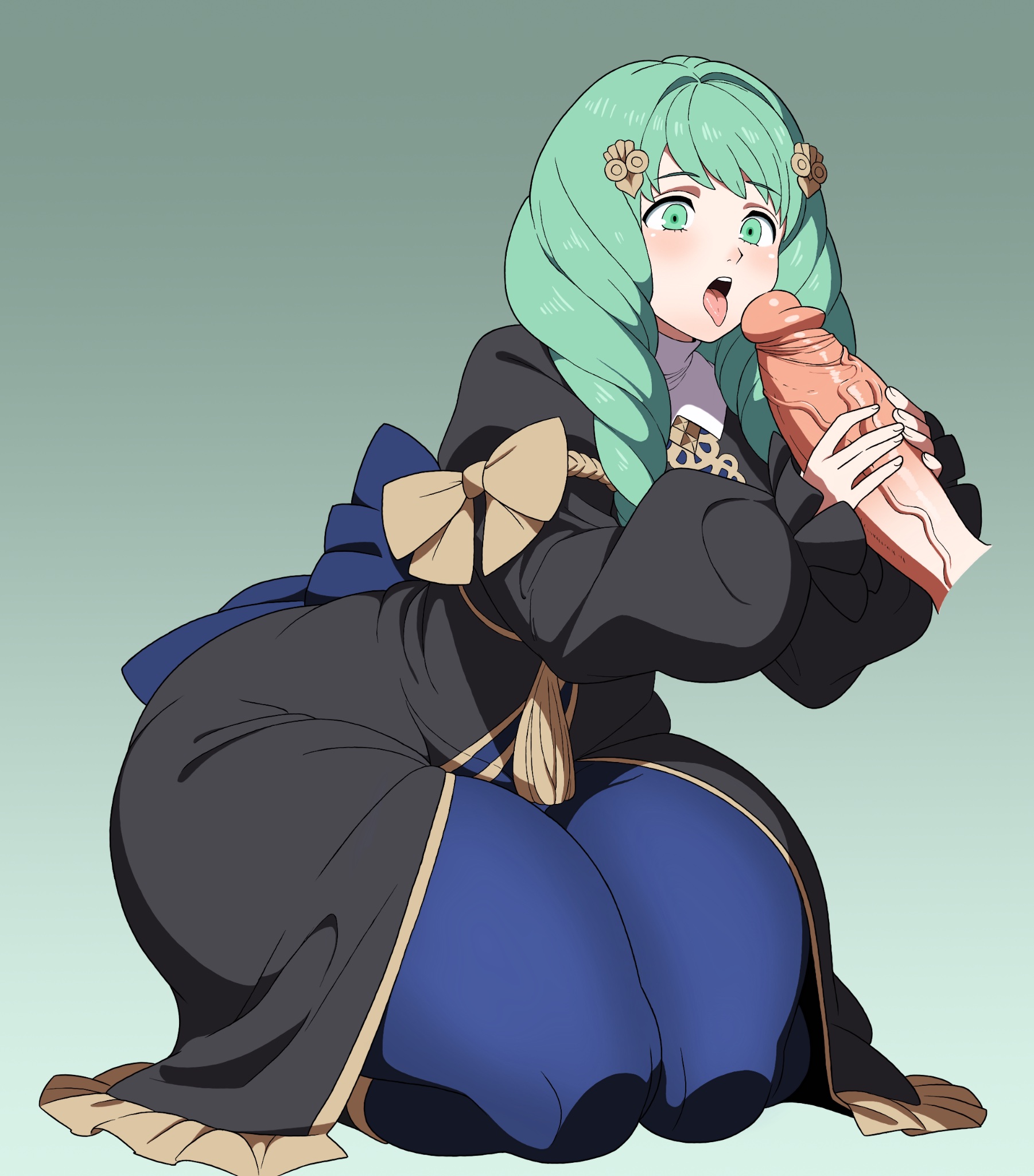 1boy, 1girls, bangs, curvy, dress, female, female focus, fire emblem, fire emblem: three houses, flayn (fire emblem), fungus-man, garreg mach monastery uniform, green eyes, green hair, imminent fellatio, imminent oral, imminent sex, kneeling, large penis, long hair, male, nintendo, pantyhose, penis, solo focus, thick thighs, tongue, tongue out, voluptuous, wide hips