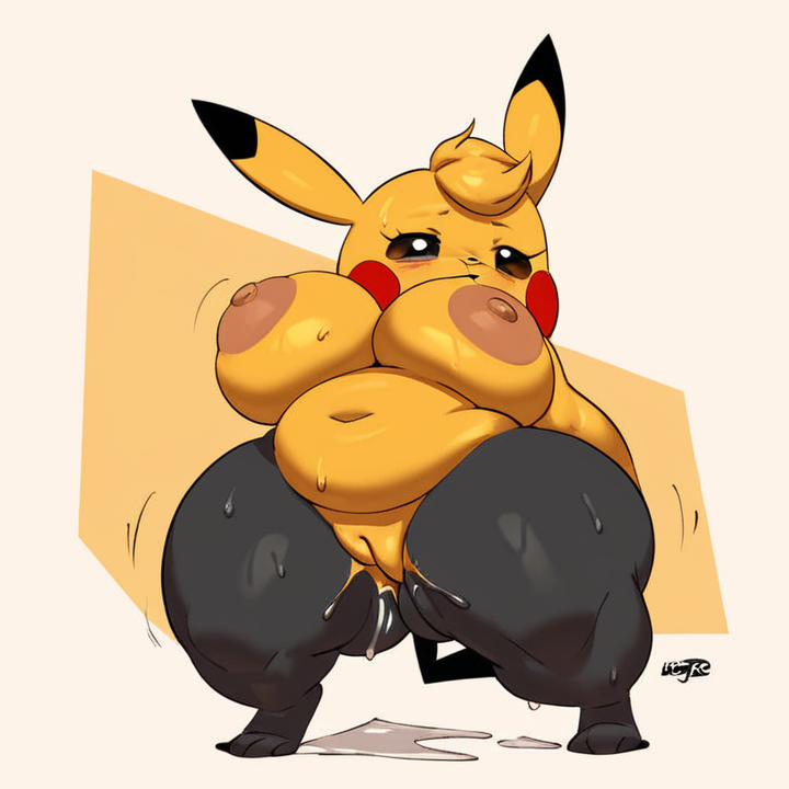 ai_generated anthro anthrofied areola big_breasts blush bodily_fluids breasts cleft_tail clothing dripping female fupa generation_1_pokemon genital_fluids genitals hellsonger hi_res kanna_(joaoppereiraus) looking_at_viewer multicolored_ears navel nintendo nipples nude pikachu plump_labia pokemon pokemon_(species) pokemorph pussy pussy_juice short_stack simple_background slightly_chubby solo sweat thick_thighs wide_hips