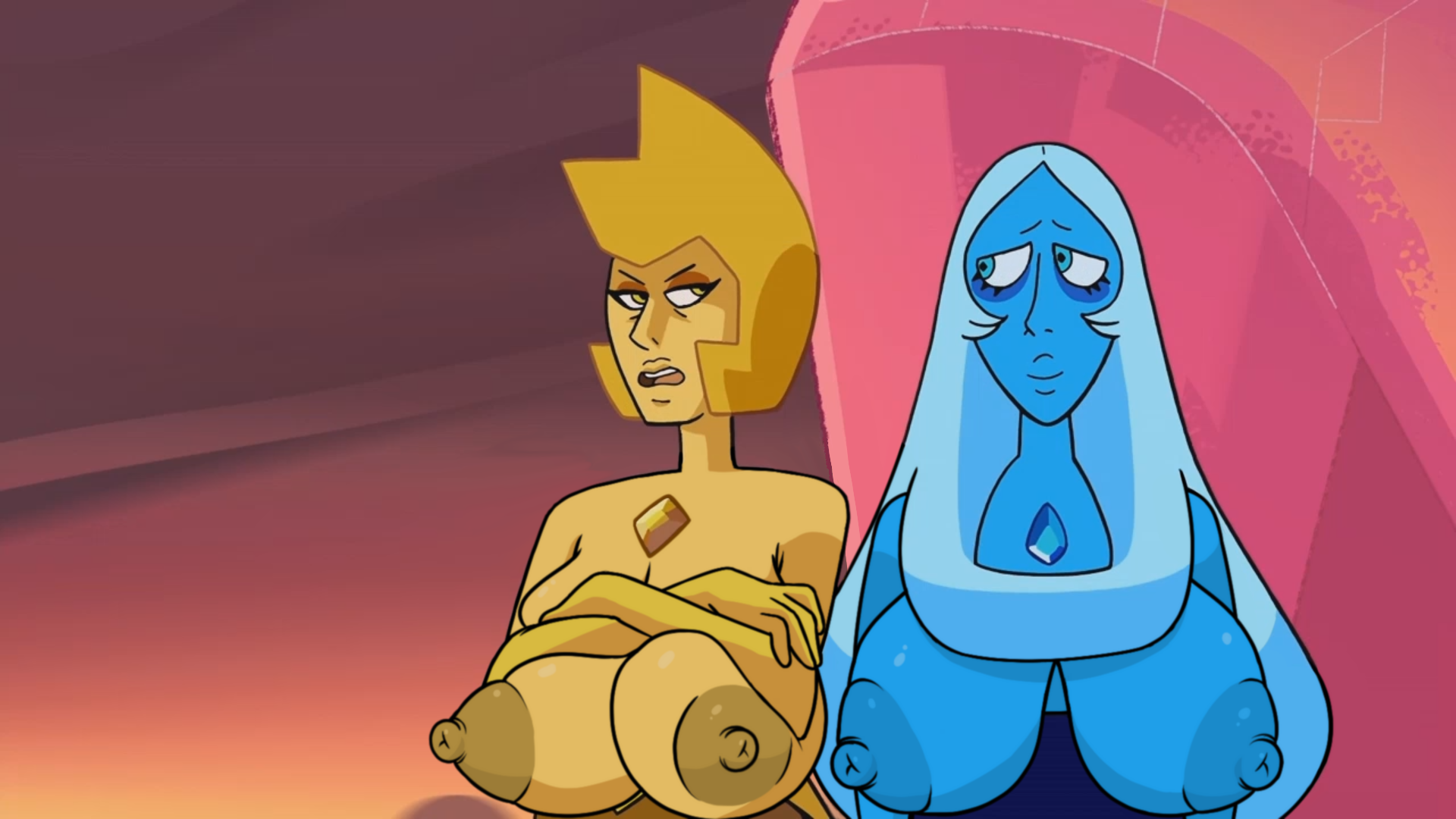 2girls, accurate art style, blue diamond (steven universe), blue eyes, blue hair, blue nipples, blue skin, breasts, cartoon network, diamond authority, edit, edited, female, huge breasts, legs from here to homeworld (steven universe), multiple females, multiple girls, screencap, screenshot, screenshot edit, steven universe, yellow diamond (steven universe), yellow eyes, yellow hair, yellow nipples, yellow skin