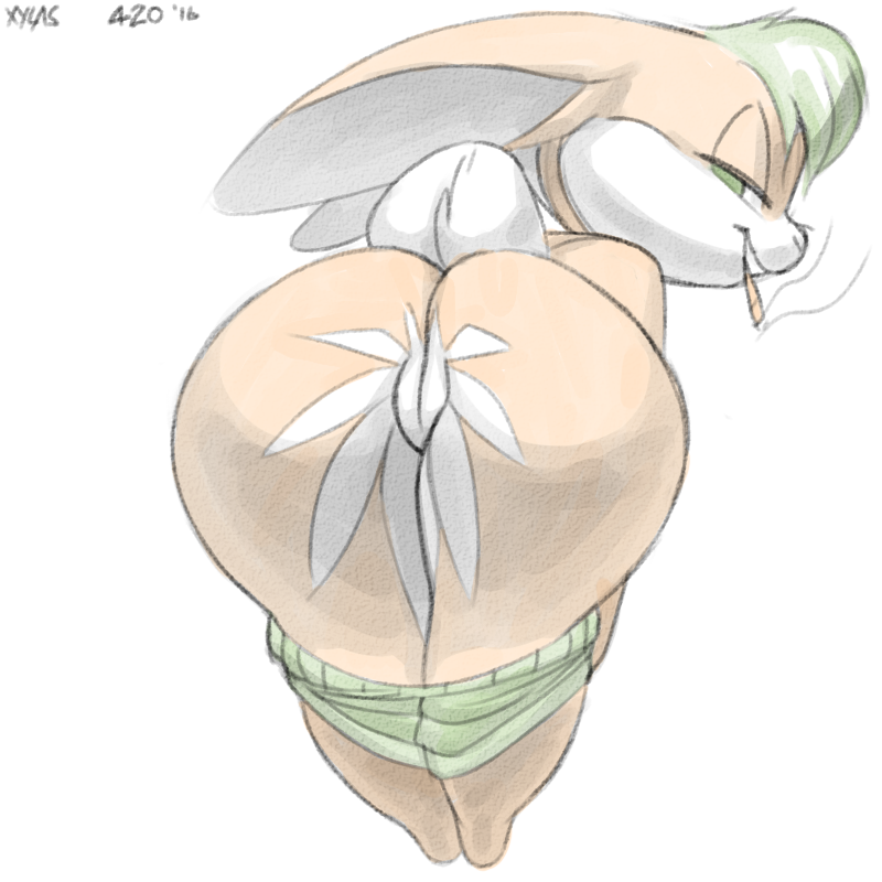 anthro ass bent_over big_ears clothed clothing drugs female fur green_clothing green_eyes green_hair hair half-closed_eyes lagomorph long_ears looking_back mammal marijuana mooning multicolored_fur pants_down partially_clothed presenting presenting_hindquarters presenting_pussy pussy rabbit raised_tail rear_view short_tail simple_background smile smirk smoking solo tan_fur two_tone_fur undressing white_background white_fur white_nose xylas