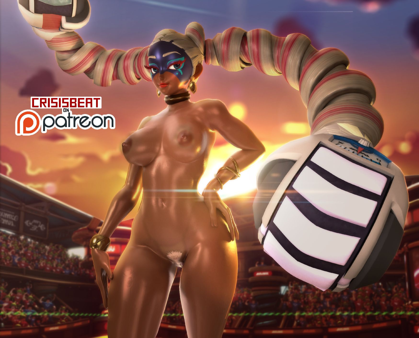 1girls, 2018, 3d, 5 fingers, arms (game), breasts, crisisbeat, dark skin, dark-skinned female, earrings, erect nipples, eyebrows, eyelashes, female, human, human only, lipstick, long hair, mask, medium breasts, nintendo, nipples, nude, pubic hair, pussy, red lipstick, solo, standing, thick, thick thighs, twintails, twintelle, vagina, very long hair, video games, wide hips