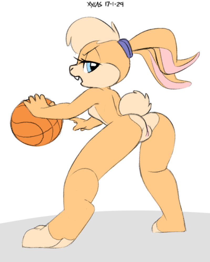 anthro ass barefoot basketball bent_over big_ears blonde_hair blue_eyes buckteeth exercise eyelashes female fur furry furry_only hair half-closed_eyes holding_object lagomorph lola_bunny long_ears looking_at_viewer looking_back looney_tunes low-angle_view mammal multicolored_fur nude pussy rabbit scrunchie short_hair short_tail simple_background space_jam sport standing tail tan_fur teeth toes two_tone_fur unamused warner_brothers white_background xylas