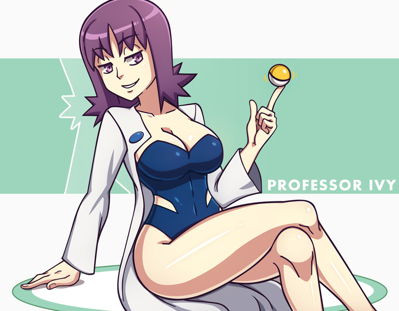 1girls 2016 ass breasts brown_eyes cleavage curvaceous dmy-gfx female gs_ball half-closed_eyes human human_only labcoat large_breasts navel nintendo one-piece_swimsuit pale-skinned_female pale_skin philena_ivy poke_ball pokemon pokemon_professor pokemon_rgby purple_hair scott_bennett short_hair smile solo source_request swimsuit teeth text watermark wide_hips