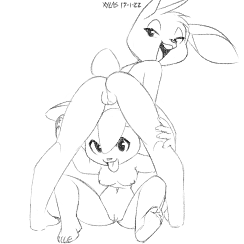 2017 5_fingers anthro bent_over big_ears black_and_white breasts buckteeth cervine female grey_background half-closed_eyes humanoid_hands inviting long_ears mammal monochrome nipples nude open_mouth open_smile pussy raised_tail short_tail simple_background smile teeth toes tongue tongue_out white_background xylas