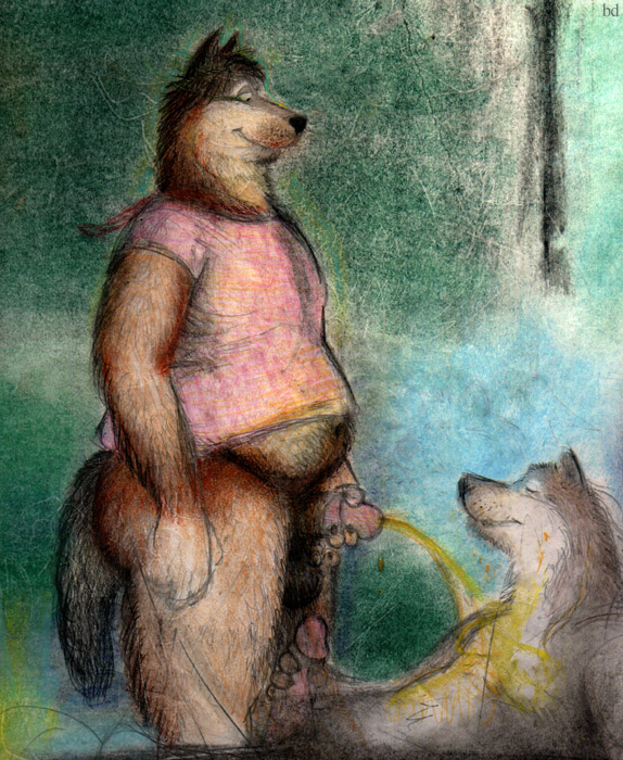 anthro ass balls bd belly big_penis brown_fur canine clothed clothing duo flaccid fur grey_fur holding_penis humanoid_penis male mammal navel nude peeing pencil_(artwork) penis shirt slightly_chubby smile traditional_media_(artwork) urine watersports whiskers wolf yaoi