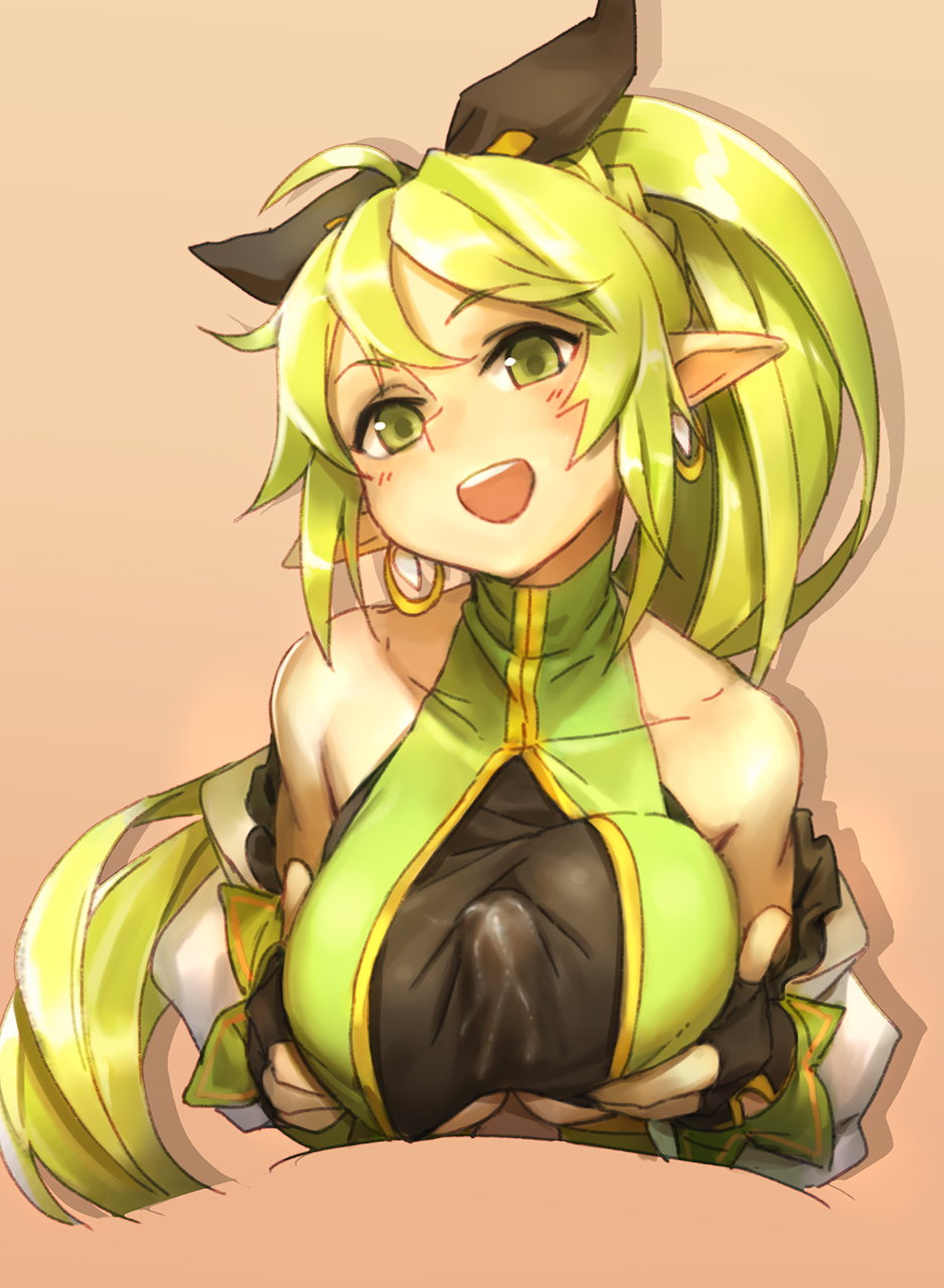 anemos_(elsword) bare_shoulders berg blush breast_hold breasts cum cum_in_clothes cum_through_clothes cum_through_clothing cum_under_clothes detached_sleeves earrings elf elsword eyebrows_visible_through_hair fingerless_gloves gloves green_eyes green_hair hair_ribbon highres jewelry large_breasts outercourse paizuri paizuri_under_clothes pointy_ears rena_(elsword) ribbon side_ponytail smile underboob