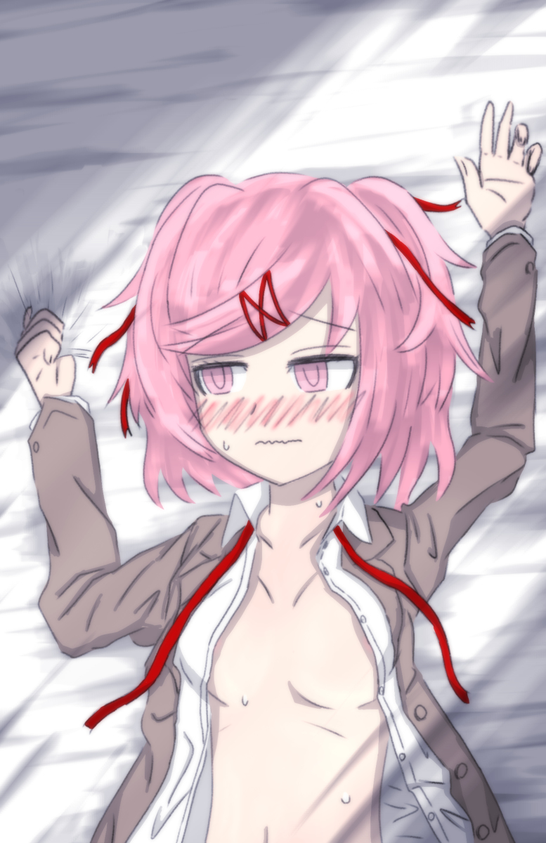 1girls, bed, bed sheet, blush, breasts, cute, doki doki literature club, embarrassed female, embarrassed naked female, embarrassed nude female, enf, female, female focus, female only, flat chest, hair ornament, hair ribbon, hairclip, light skin, light-skinned female, long sleeves, lying, naked, naked female, natsuki (doki doki literature club), no bra, nude, nude female, on bed, open clothes, open shirt, petite, pettanko, pink eyes, pink hair, red hair ornament, ribbon, school uniform, sheet grab, short hair, small breasts, solo, solo female, sweat, sweatdrop, tied hair, twintails, unbuttoned, unbuttoned shirt, wavy mouth, white skin