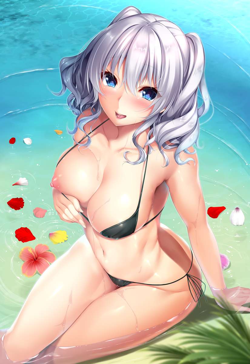 :d, bangs, bikini, black bikini, blue eyes, blush, breasts, collarbone, day, eyebrows visible through hair, female, flower, from above, hair between eyes, highres, kantai collection, kashima (kantai collection), large breasts, long hair, looking at viewer, looking up, micro bikini, navel, nipples, nironiro, one breast out, open mouth, outdoors, partially submerged, petals, side-tie bikini, sidelocks, silver hair, sitting, smile, solo, swimsuit, thighs, tongue, tsurime, twintails, wavy hair, wet