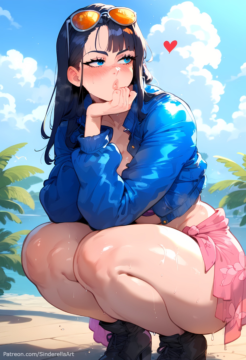 1girls, ai generated, bangs, beach, black footwear, black hair, black-haired female, blue eyes, blush, breasts, busty, clothing, cloud, commission, day, eyewear on head, female, female only, heart, jacket, long hair, long sleeves, looking at viewer, nico robin, one piece, outdoors, palm tree, patreon, patreon url, patreon username, pink skirt, sinderellaart, skirt, sky, solo, squatting, sunglasses, sweat, thick, thighs, voluptuous