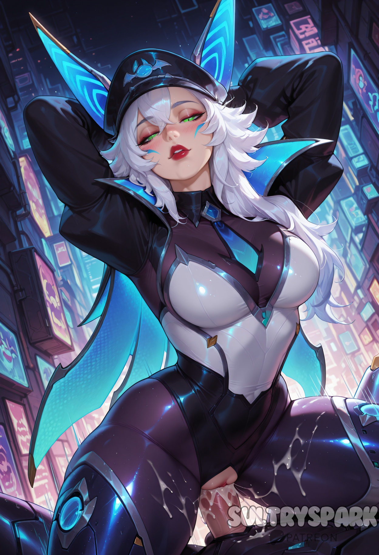 1boy, ai generated, anima squad series, animal ears, artist name, battle bat xayah, blue necktie, breasts, cowgirl position, cum, cum in pussy, cum on clothes, female, futarush, green eyes, hair between eyes, hat, large breasts, league of legends, long hair, necktie, patreon, patreon username, penis, pussy, red lips, riot games, sex, shiny clothes, straight, sultryspark, vaginal penetration, vastaya, white hair, xayah