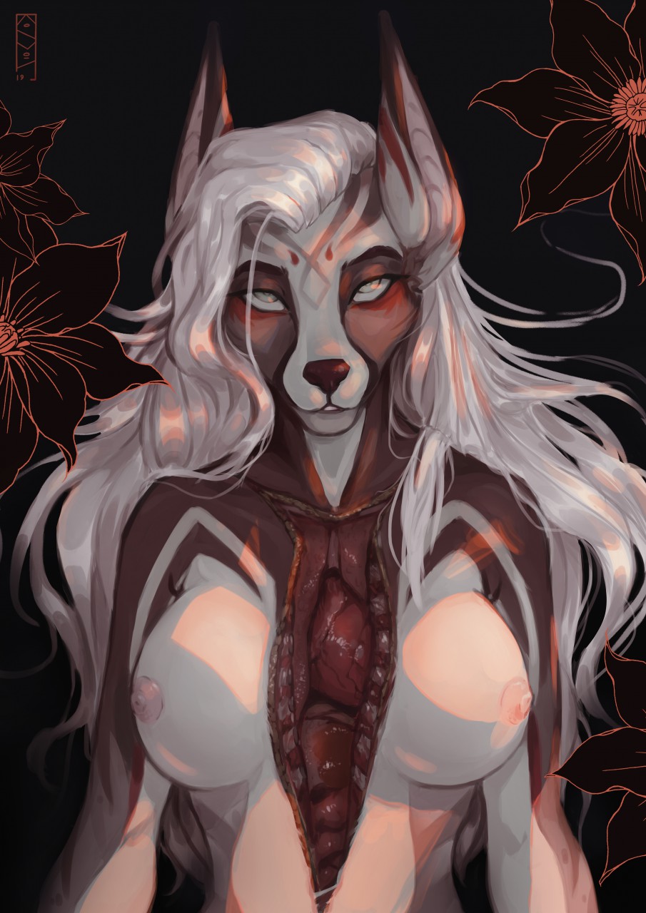 2020 anthro blind breasts canid digital_drawing_(artwork) digital_media_(artwork) disability exposed_heart female gore hair heart_symbol hi_res inside_stomach kirkir lung mammal messy_hair nude organs signature solo white_hair