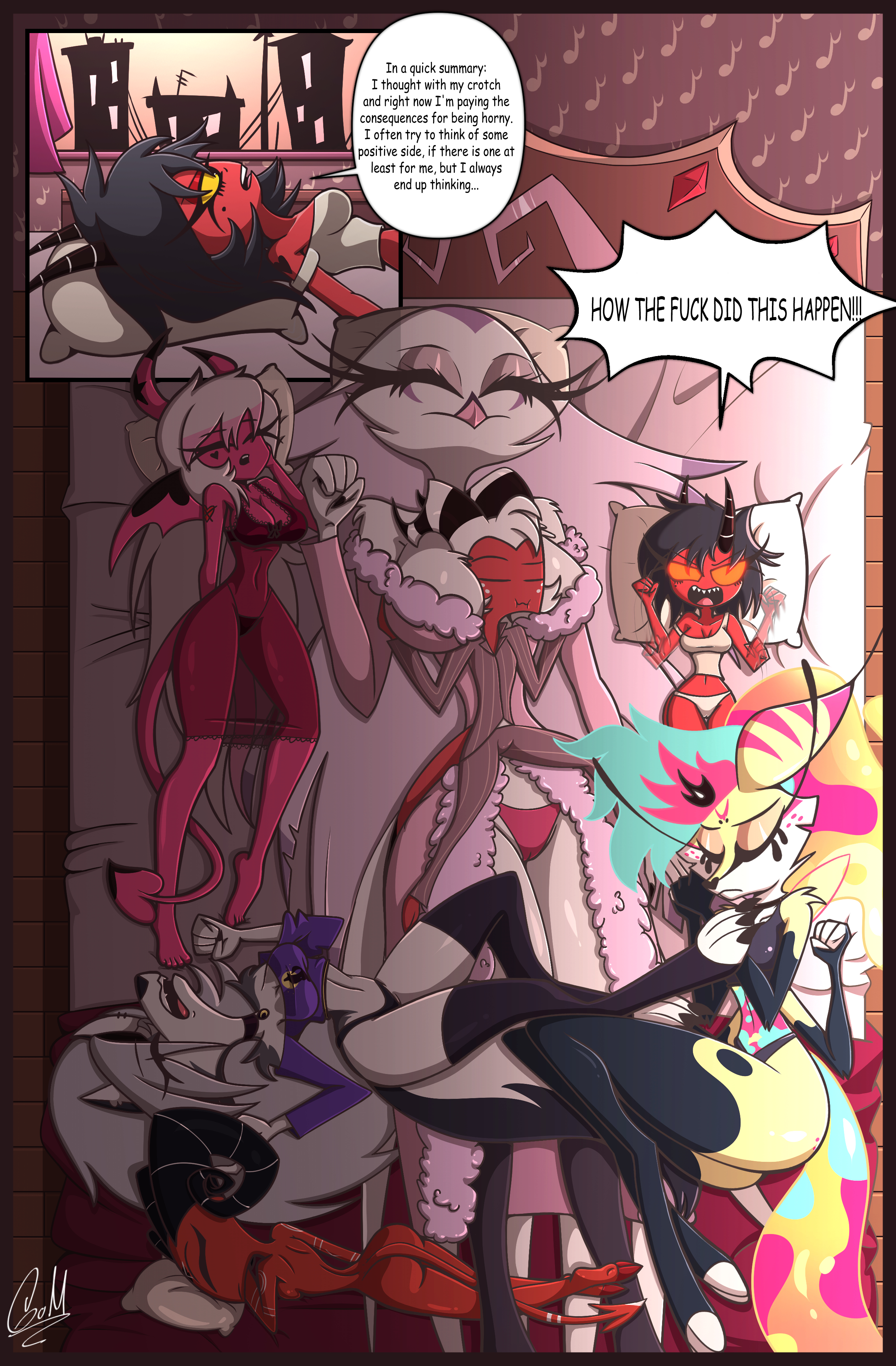 barbie wire, black panties, comic, comic page, english text, female, gatojack3, harem, helluva boss, laying on bed, loona (helluva boss), male, millie (helluva boss), moxxie (helluva boss), multiple females, multiple girls, no pants, panties, pink panties, queen bee-lzebub (helluva boss), sleeping, stella (helluva boss), thighhighs, white panties