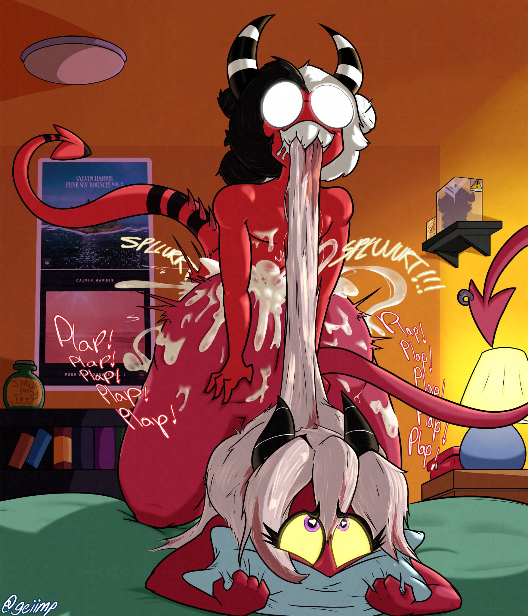 bedroom, biting hair, cum, cum inside, cum overflow, dawn (rosepetaldawn), doggy style, excessive cum, face down ass up, face in pillow, female, femboy, femboy on female, femboydom, geiimp, glasses, glasses shine, happy sex, heart, heart-shaped pupils, helluva boss, horns, imp, imp (helluva boss), male, nonbinary, pounding, pulling hair, rough sex, sharp teeth, smile, white hair