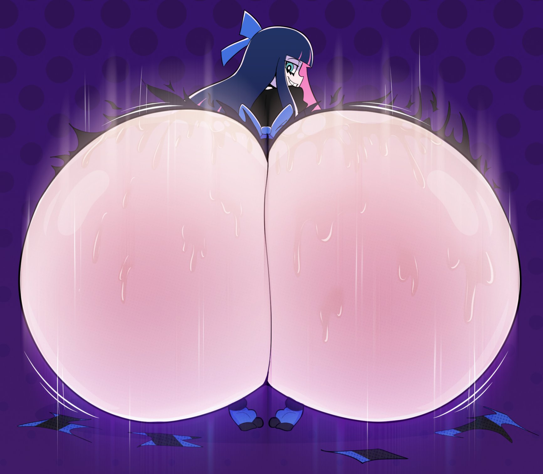 ass, ass expansion, female, huge ass, hyper ass, looking at viewer, looking back, panty & stocking with garterbelt, stocking anarchy, sweat, torn clothes, twerking, vaz0v