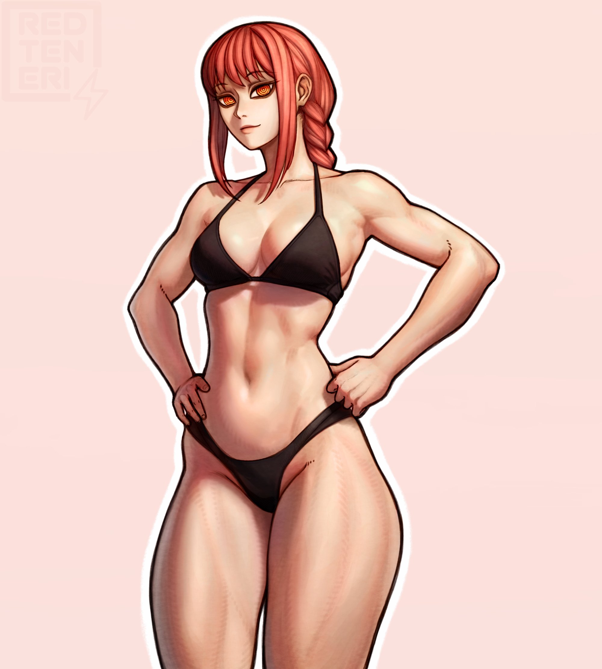 1girls, bikini, black bikini, breasts, chainsaw man, female, female torso, front view, makima (chainsaw man), muscular, muscular female, red hair, red-haired female, redteneri, solo, white background