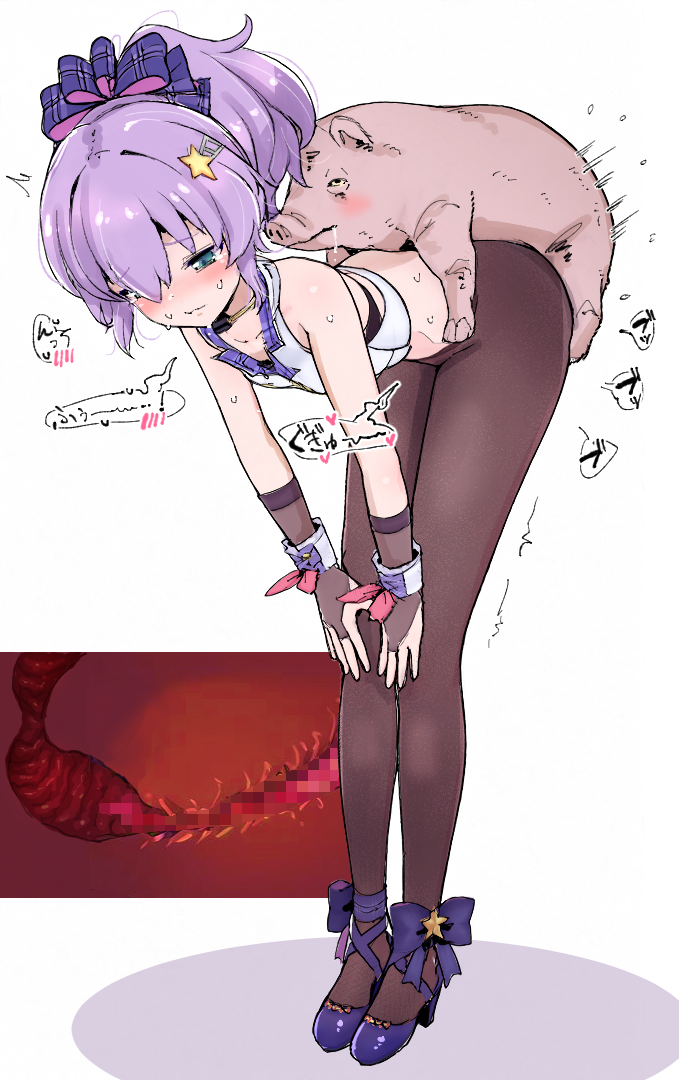 anal animal animal_penis azur_lane bare_shoulders bent_over black_bra blush bow bra bridal_gauntlets brown_bridal_gauntlets brown_pantyhose censored closed_mouth clothed_sex commentary_request cropped_vest cross_section drooling female flat_chest footwear_bow frown full_body green_eyes hair_ornament hairbow hands_on_own_knees headset high_heels idol_clothes javelin_(azur_lane) javelin_(energetic_idol_@120_motivation!)_(azur_lane) kousakuin_(firstsatyam) legs_together looking_down medium_hair midriff moaning mosaic_censoring motion_lines no_panties no_pants nose_blush pantyhose partial_commentary penis pig pig_penis pink_bow plaid_bow ponytail purple_bow purple_hair purple_shoes rolling_eyes sex sex_from_behind shadow shoes short_ponytail simple_background size_difference sound_effects speech_bubble speed_lines spoken_blush standing standing_sex star_(symbol) star_hair_ornament straight strappy_heels sweat twitching underwear vest white_background white_vest wrist_cuffs zoophilia