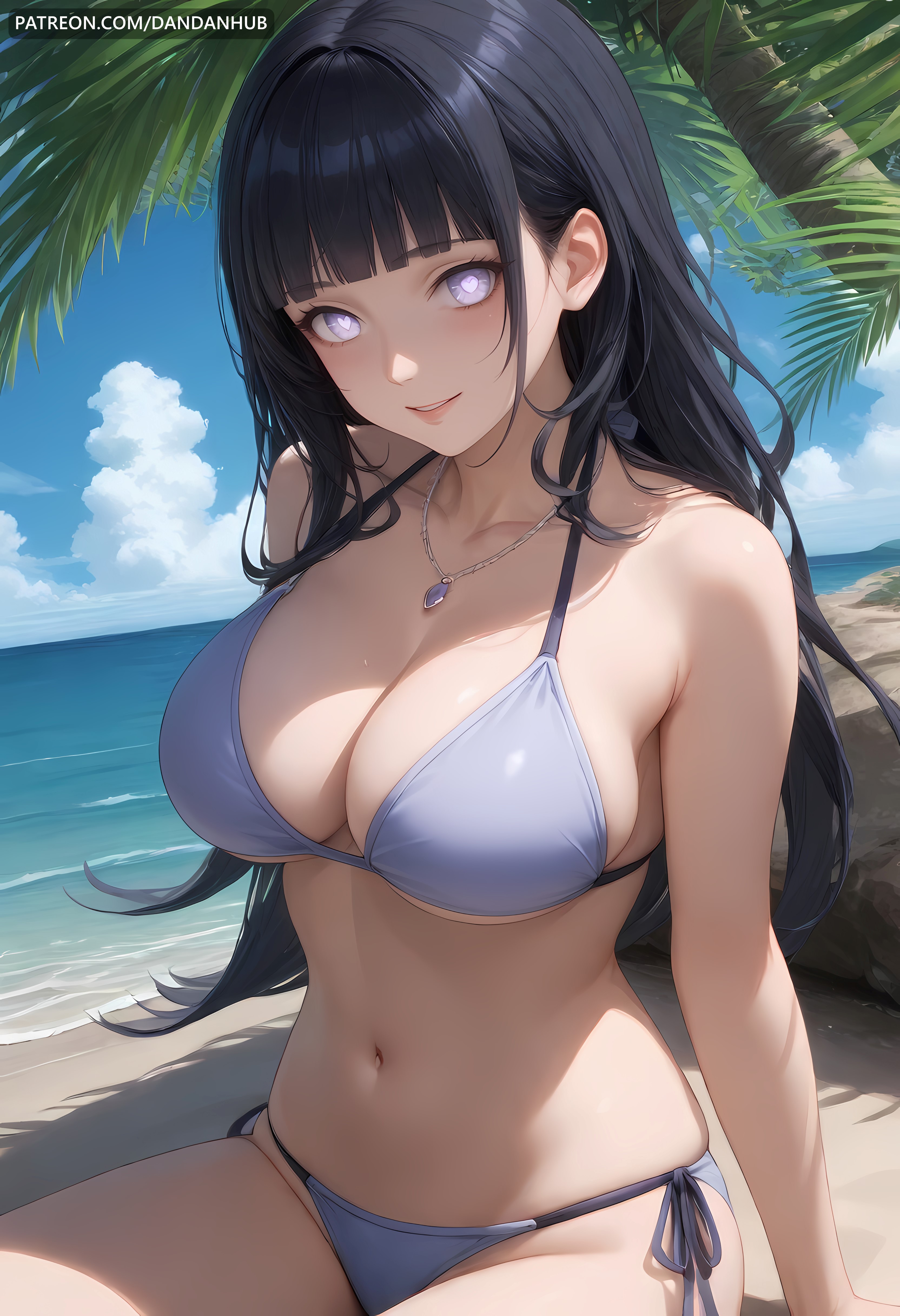 ai generated, bangs, bare shoulders, beach, bikini, black hair, blue bikini, blue sky, blunt bangs, blush, breasts, cleavage, cloud, collarbone, dandanhub, day, female, female only, halterneck, hyuuga hinata, jewelry, large breasts, long hair, looking at viewer, naruto, naruto (series), naruto shippuden, navel, necklace, ocean, outdoors, palm tree, parted lips, purple eyes, side-tie bikini bottom, sitting, skindentation, sky, smile, solo, stomach, string bikini, swimsuit, thighs, tree
