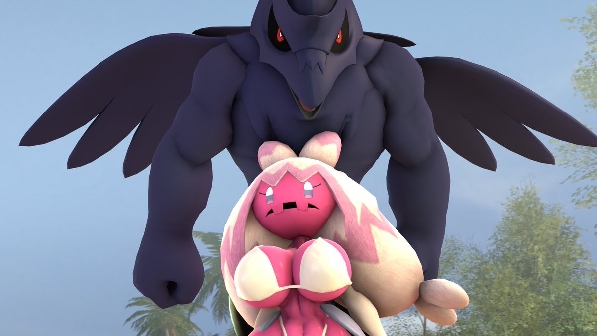 1boy 1girls 3d 3d_(artwork) abs arms_at_sides bare_shoulders bikini bird black_sclera black_skin black_wings blue_background blue_eyes blue_sclera blue_sky breasts cleavage clenched_hand clenched_hands closed_mouth cloud collarbone colored_sclera colored_skin corviknight day fangs female gradient_hair grey_skin huge_breasts large_breasts long_hair looking_at_viewer male multicolored_hair multicolored_skin muscular navel nintendo no_nipples notsoanonsfm open_mouth outdoors palm_tree personification pink_hair pink_skin pokémon_(species) pokemon_(species) prehensile_hair red_eyes red_sclera shiny_skin sidelocks skin_fangs sky standing stomach swimsuit tinkaton tree twintails two-tone_hair two-tone_skin upper_body very_long_hair white_bikini white_eyes white_hair white_skin wings