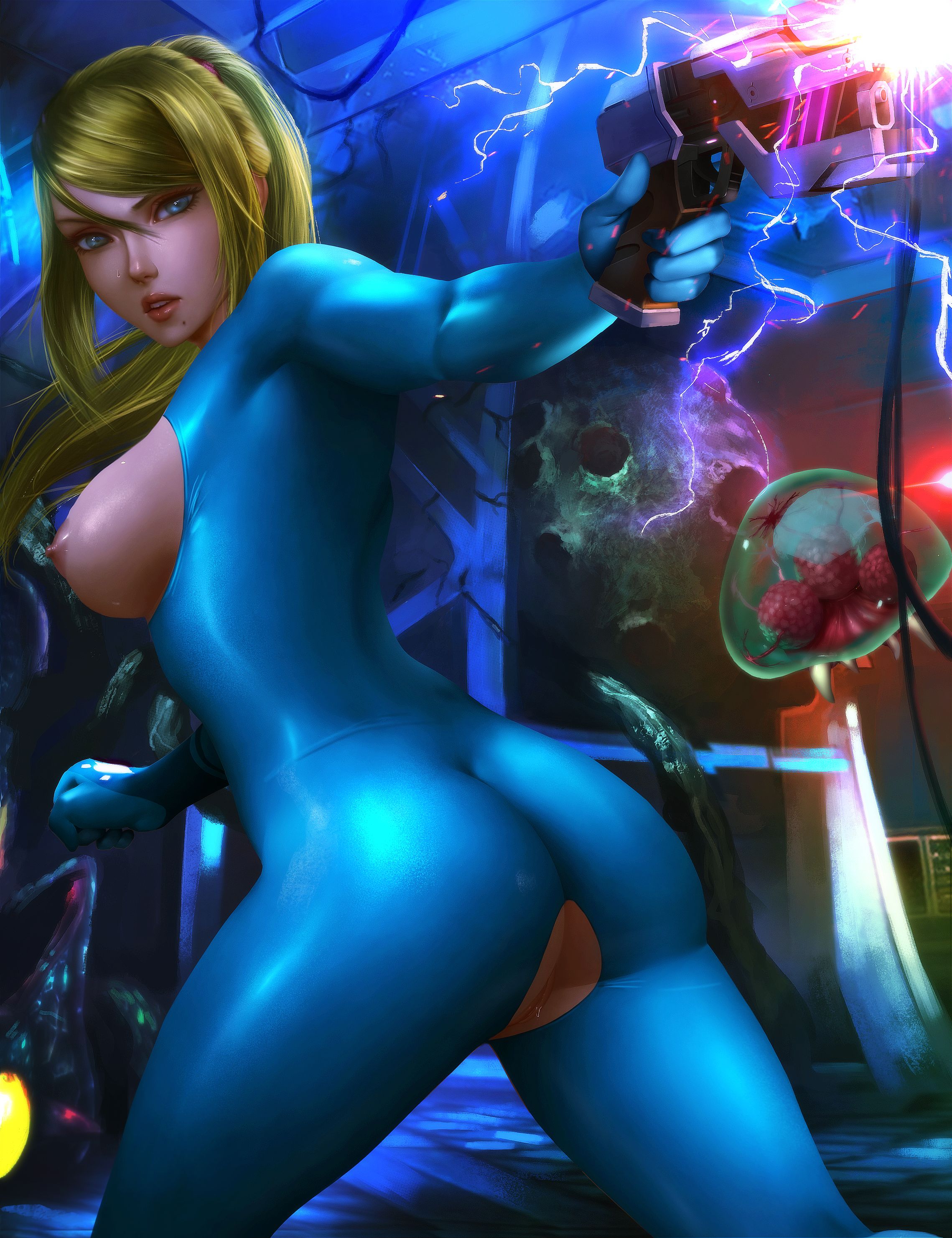 blonde hair, female, logan cure, metroid, nintendo, pinup, samus aran, tagme
